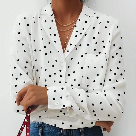 Black And White Elegan t Women's Polka Dot Shirt Blouse With Pocket details - Picture 7 of 11
